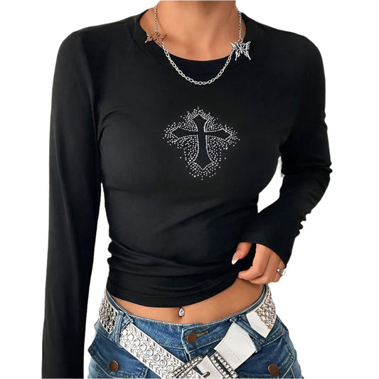 Rhinestone Basic Black Tops